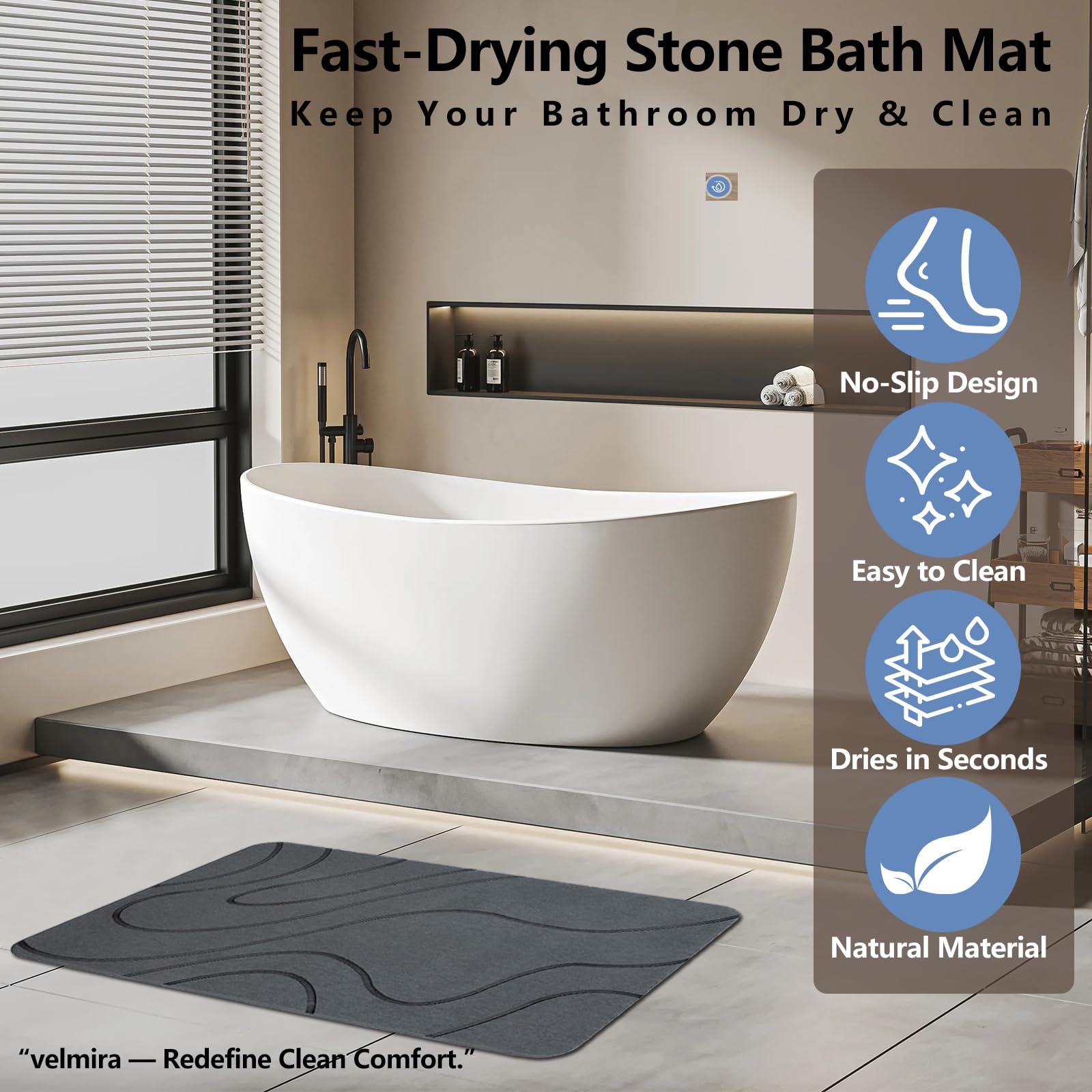 Velmira Stone Bath Mat is durable and easy to refresh.