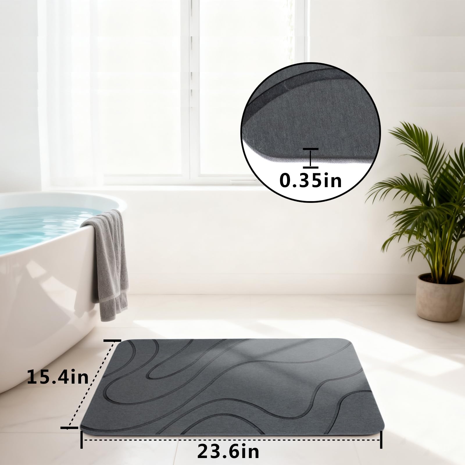 Velmira Stone Bath Mat demonstrates quick-dry action near the tub.
