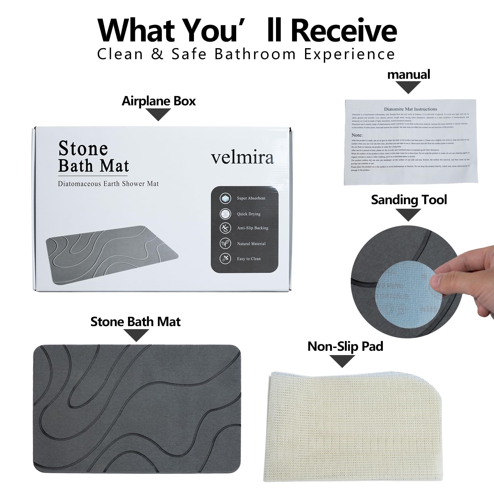 Velmira Stone Bath Mat in gray 23-6x15-4 inches for modern baths.