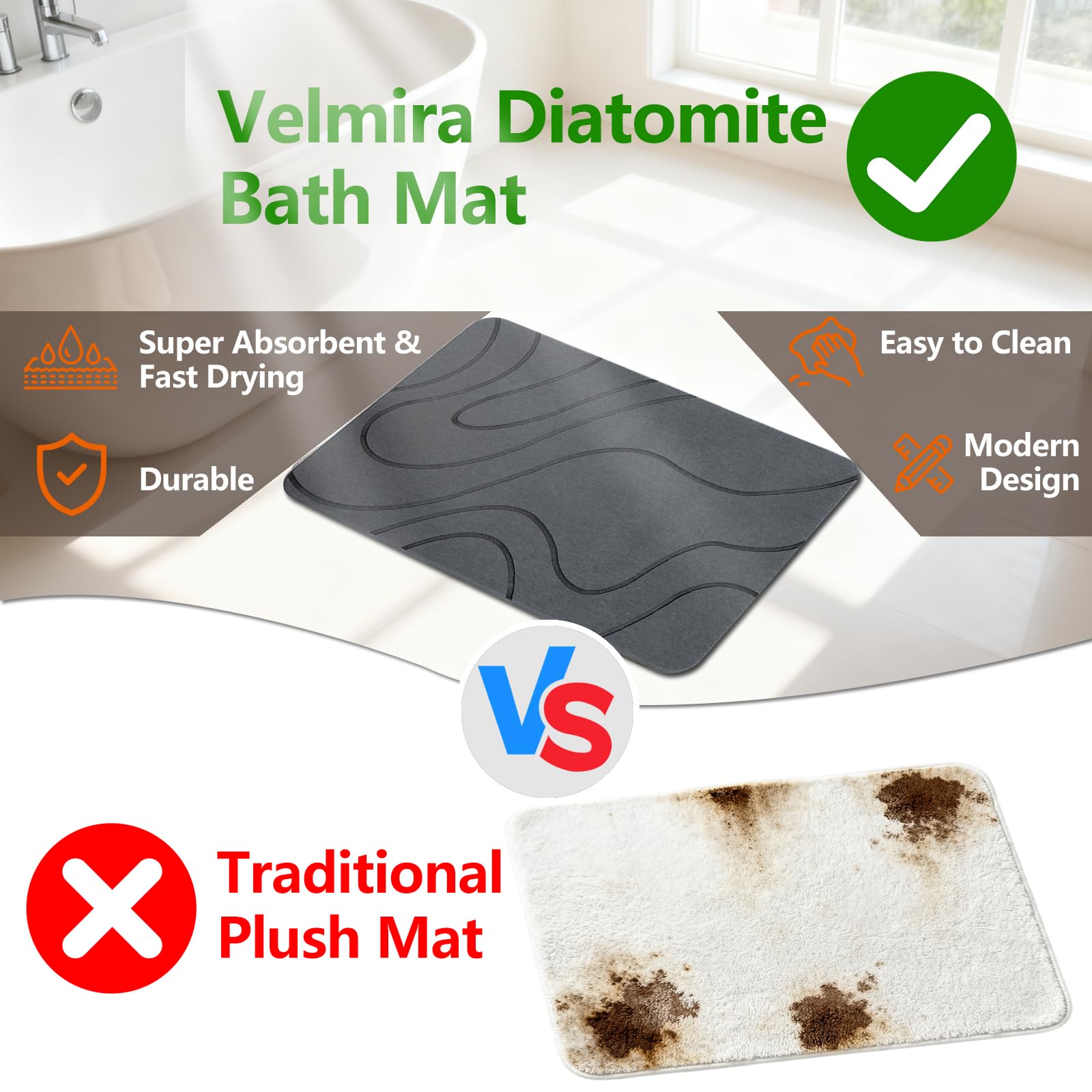 Velmira Stone Bath Mat features slim, minimalist design for any decor.