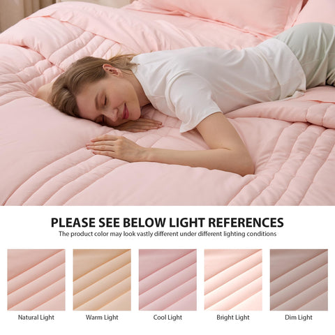 Velorose bedroom setup with pink queen bedding in a calm space.