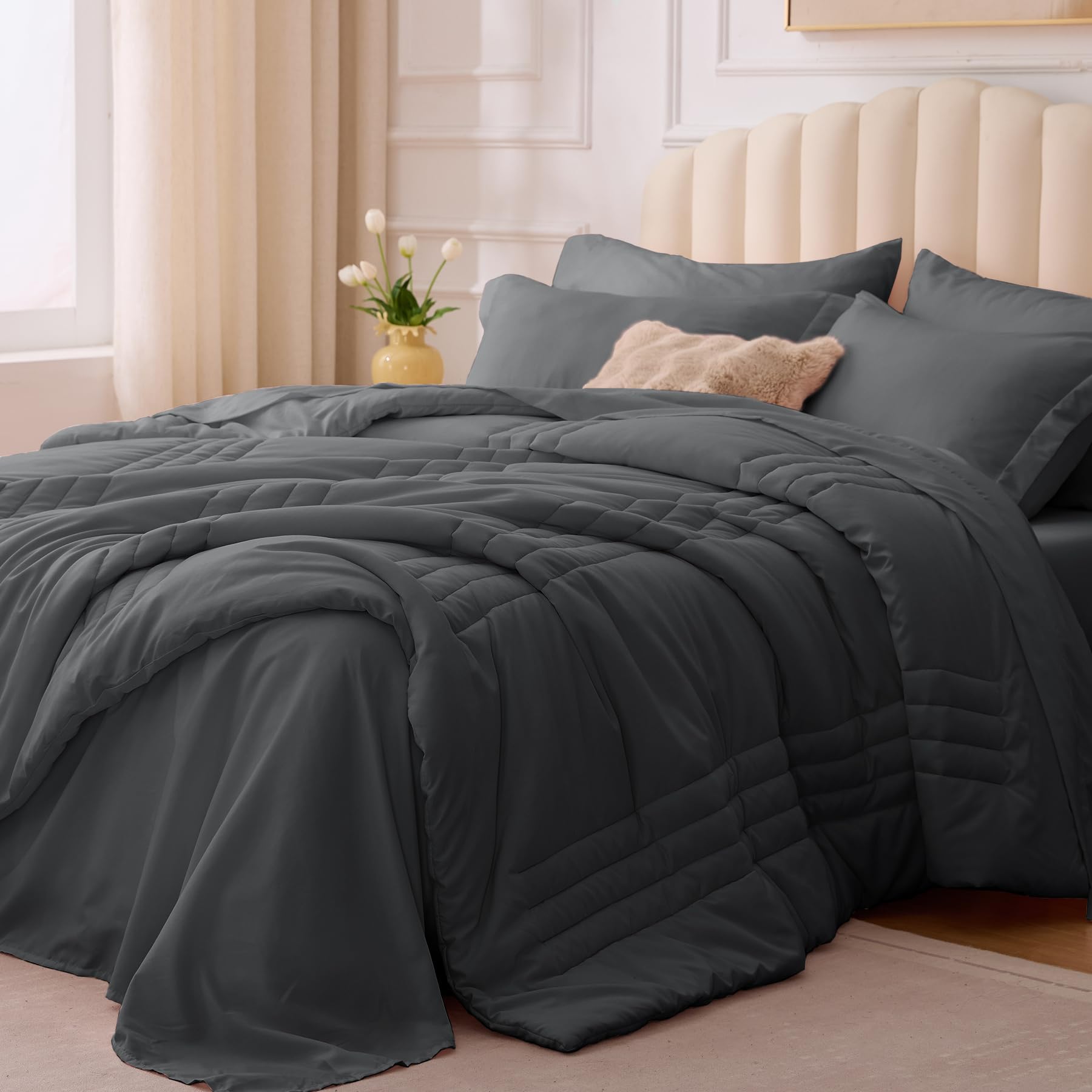 Velorose Queen Comforter Dark Grey in soft fabric for all-season coziness.