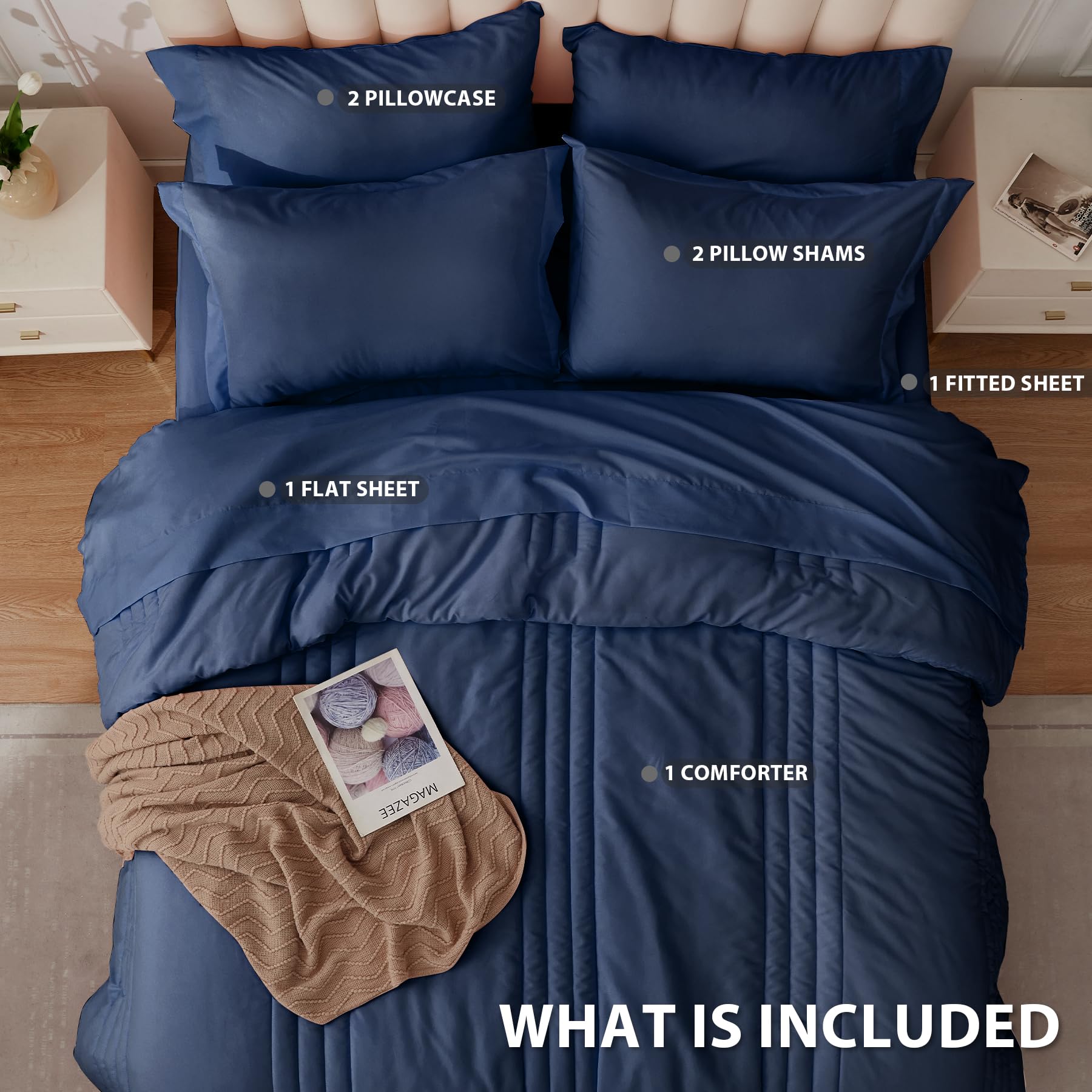 Velorose Queen Comforter Set Navy deep-pocket close-up shows secure mattress fit.