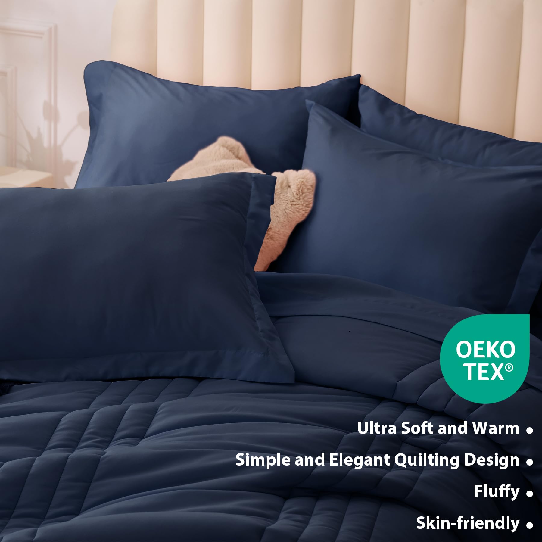 Velorose Queen Comforter Set Navy flat sheet shot emphasizes generous sizing and smooth edges.