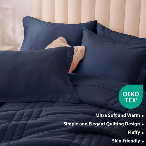 Velorose Queen Comforter Set Navy flat sheet shot emphasizes generous sizing and smooth edges.