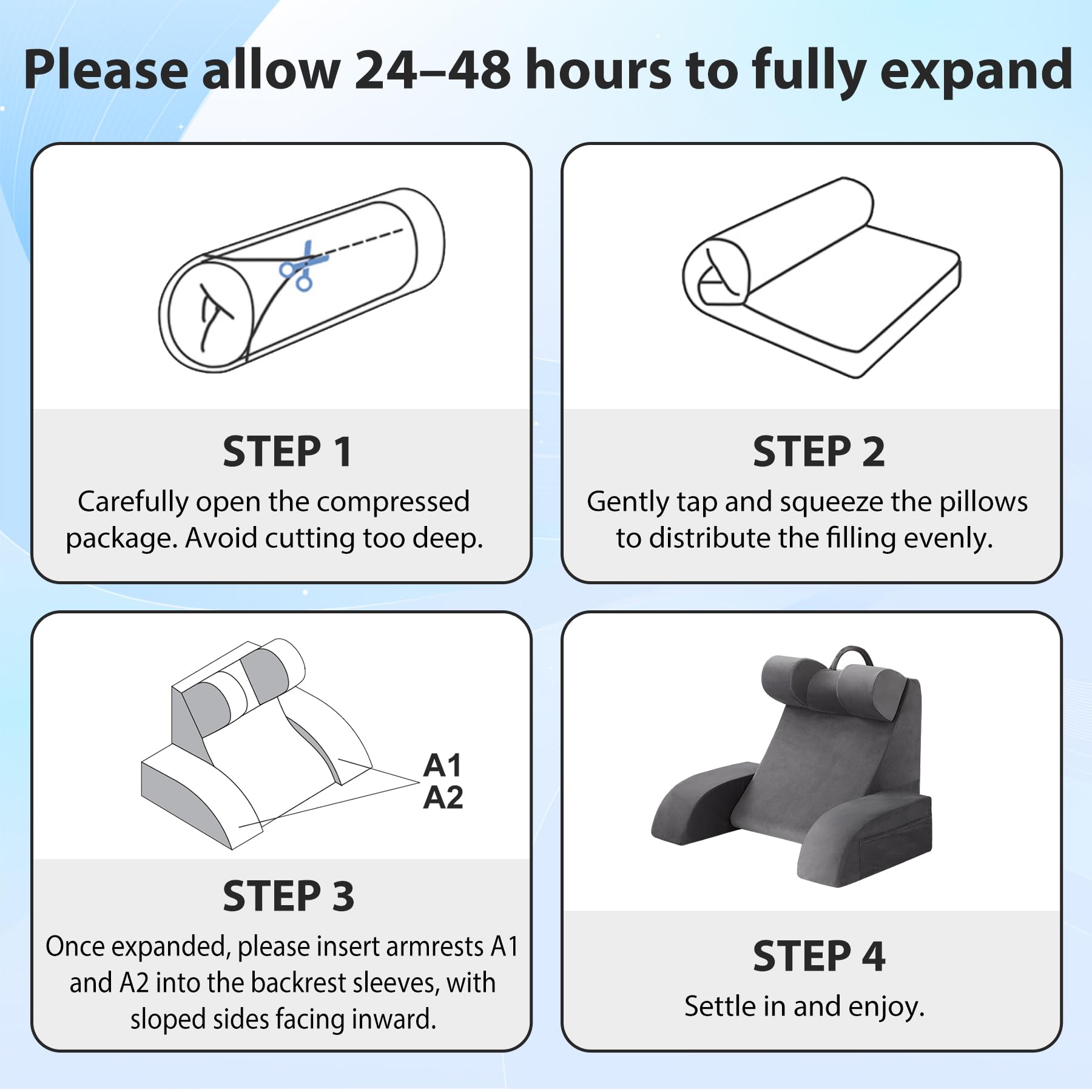 Velorose reading pillow 21in grey assembly time is quick.