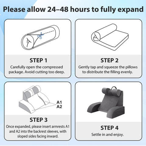 Velorose reading pillow 21in grey assembly time is quick.