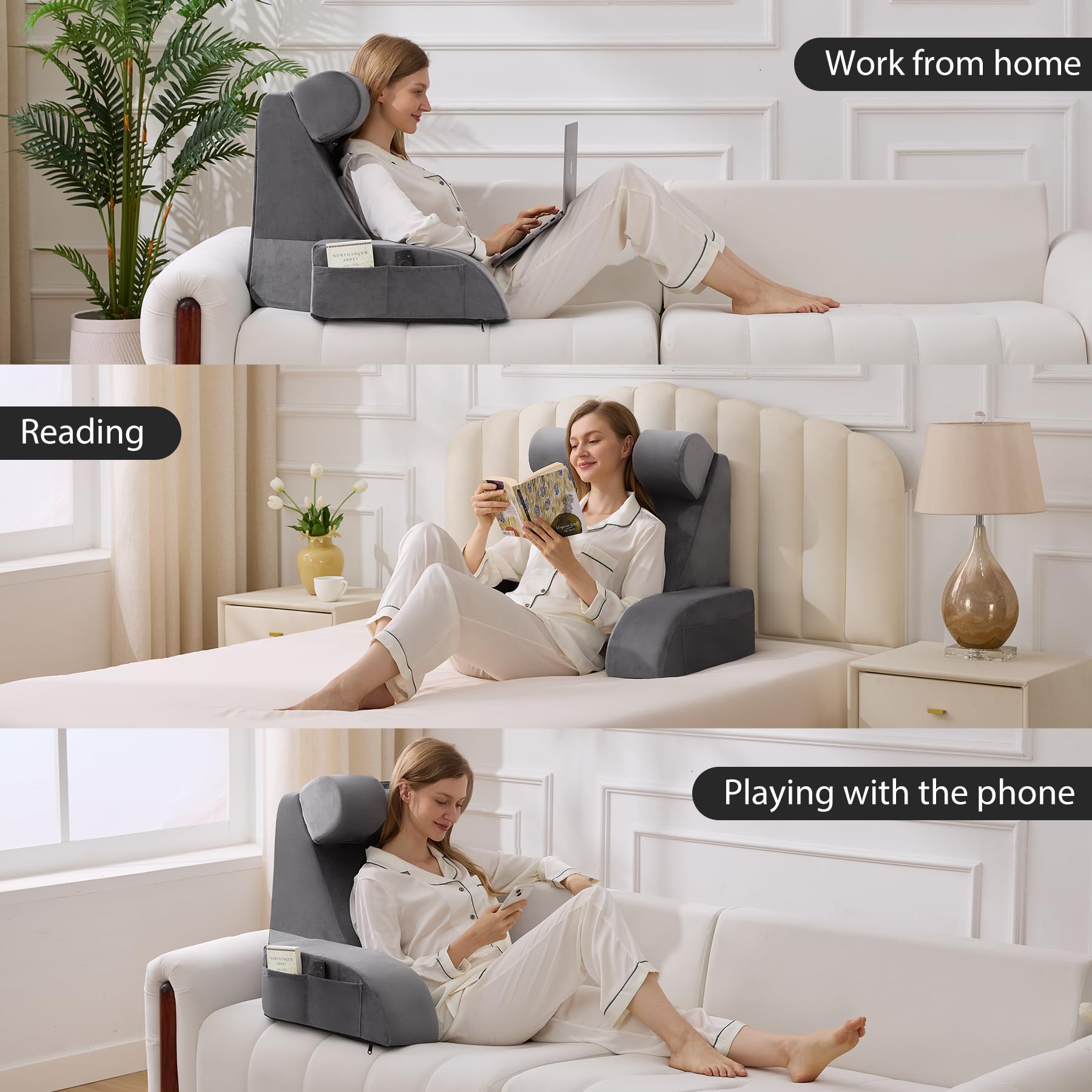 Velorose reading pillow 21in grey back-rest cradle supports comfortable upright posture.