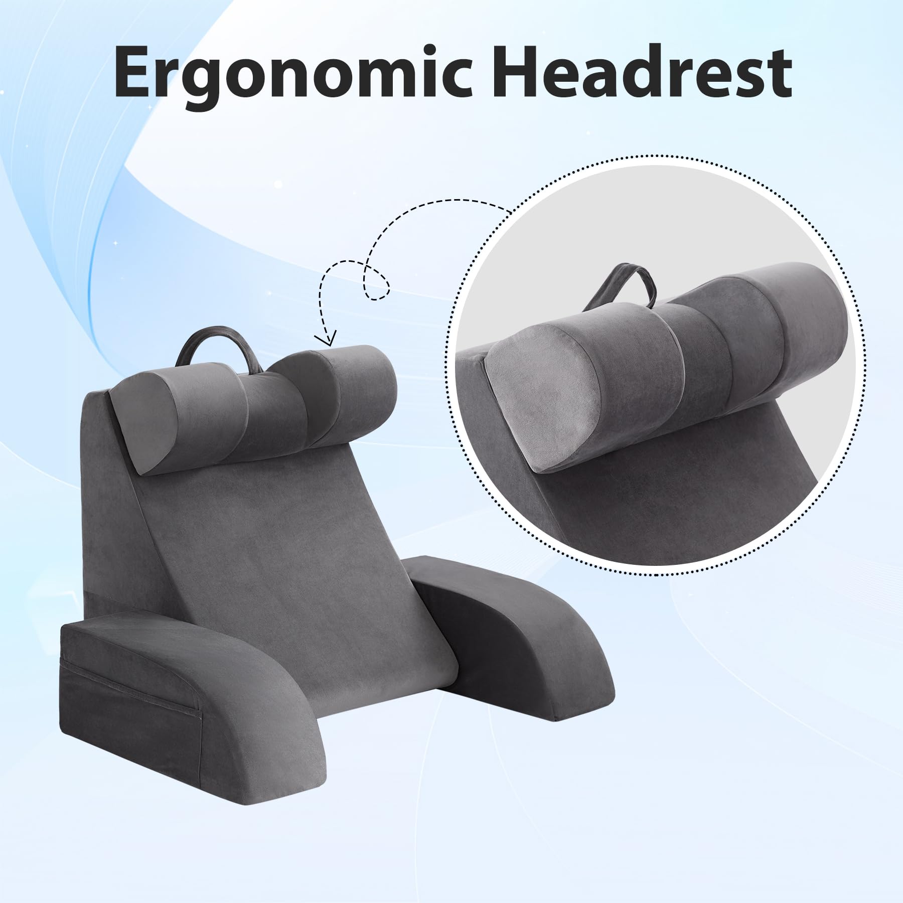 Velorose reading pillow 21in grey side pocket for remote and phone within reach.