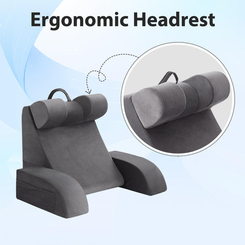 Velorose reading pillow 21in grey side pocket for remote and phone within reach.