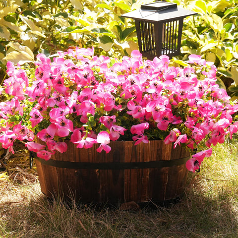 Vemander pink faux pansies in hanging planters for balcony décor.