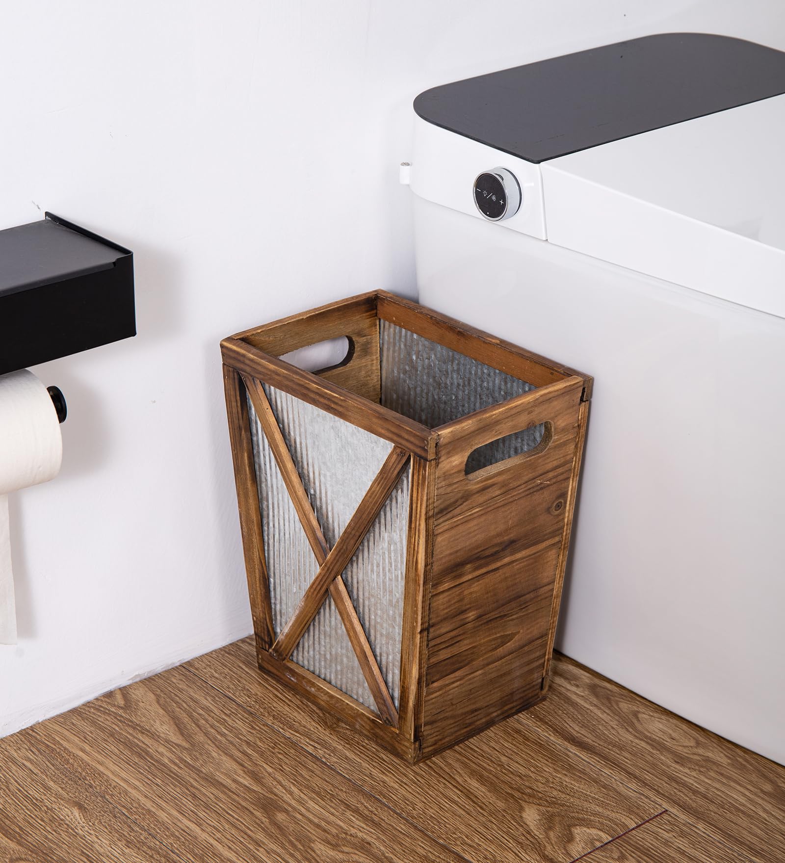 Venalys bathroom trash can blends wood tone with metal panels for easy cleaning.
