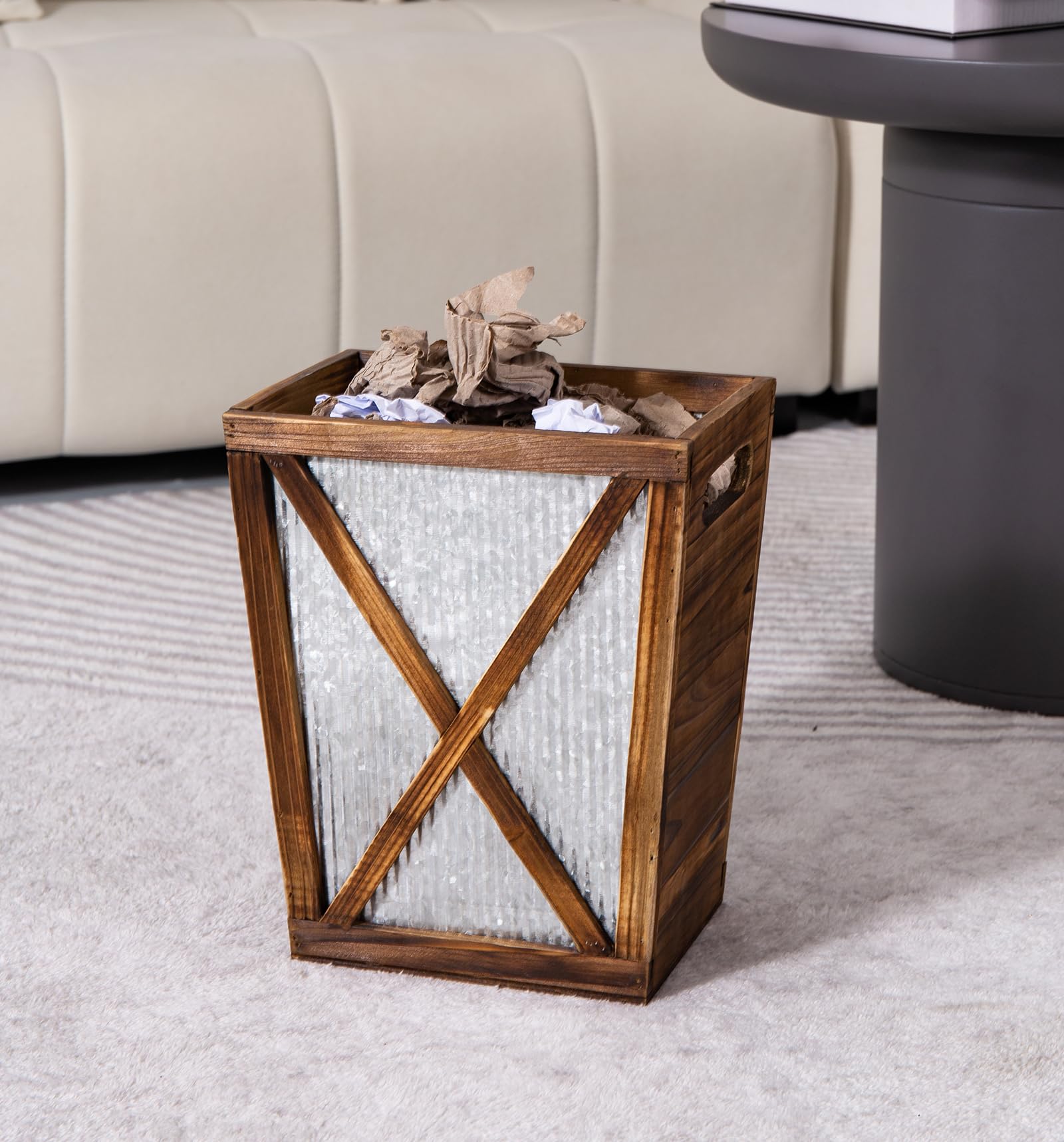 Venalys small wooden trash can enhances entryway or office decor.