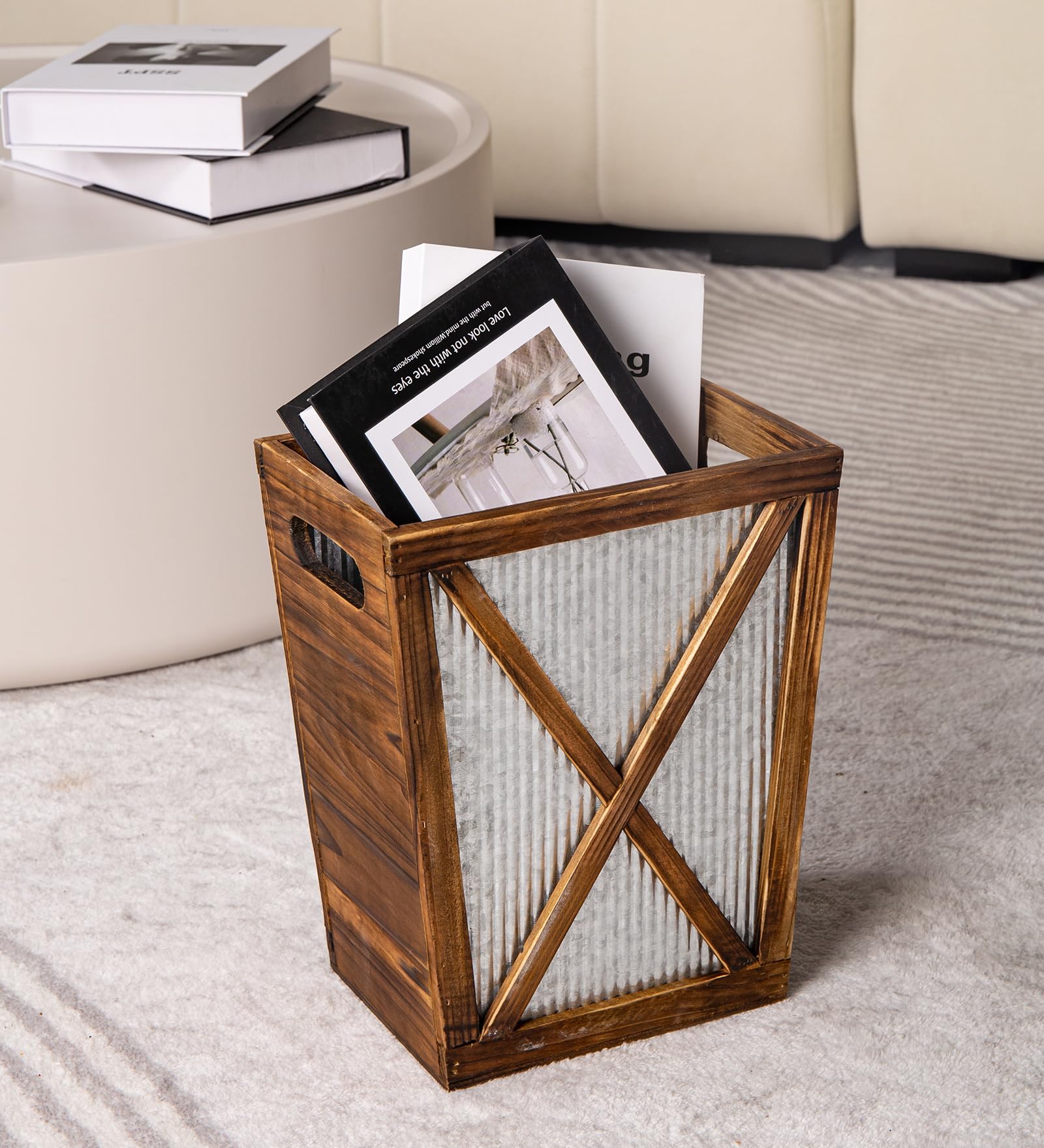 Venalys farmhouse trash bin with distressed wood suits living room storage and decor.