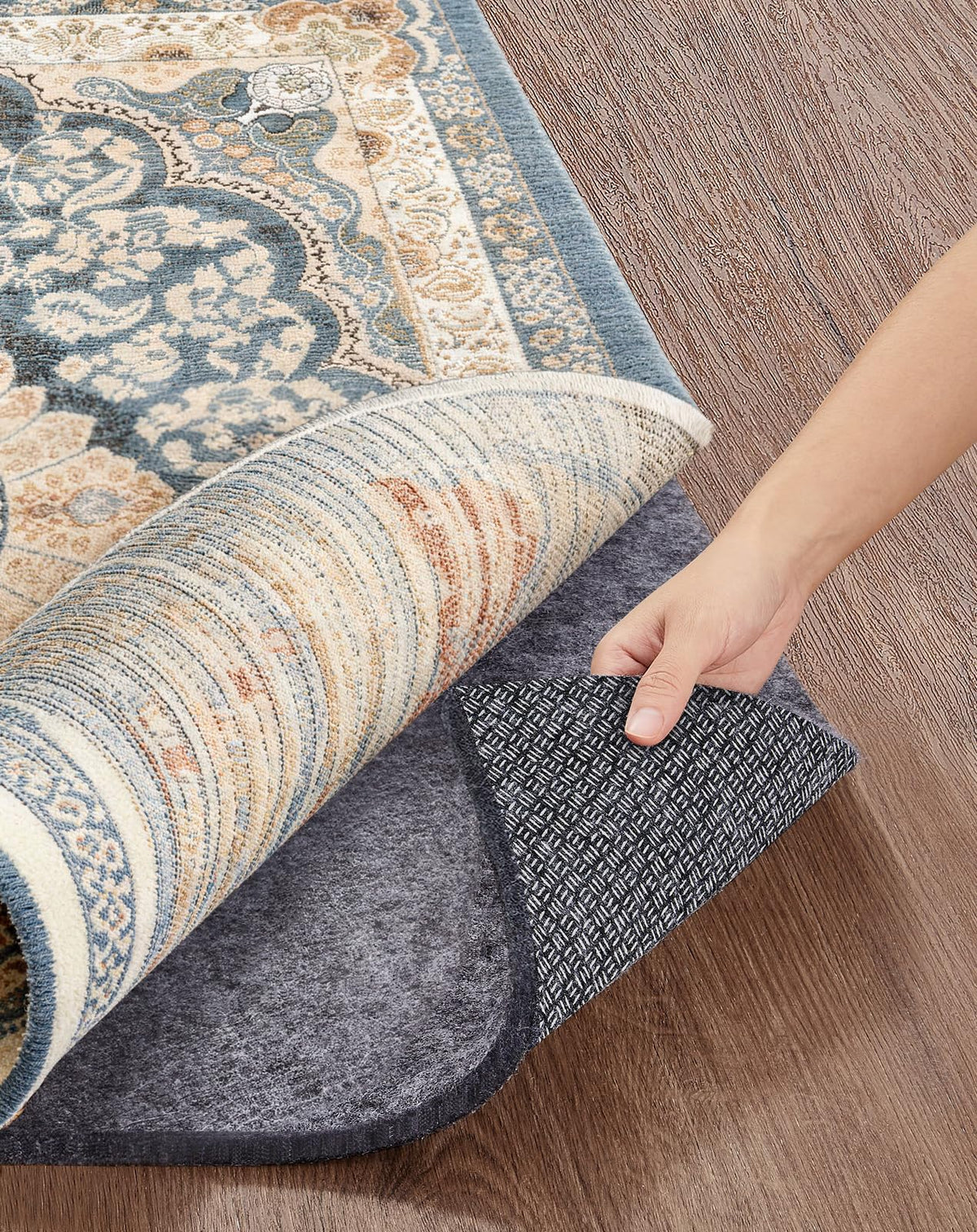 Veken rug pad gripper on hardwood floors keeps rug secure and in place.