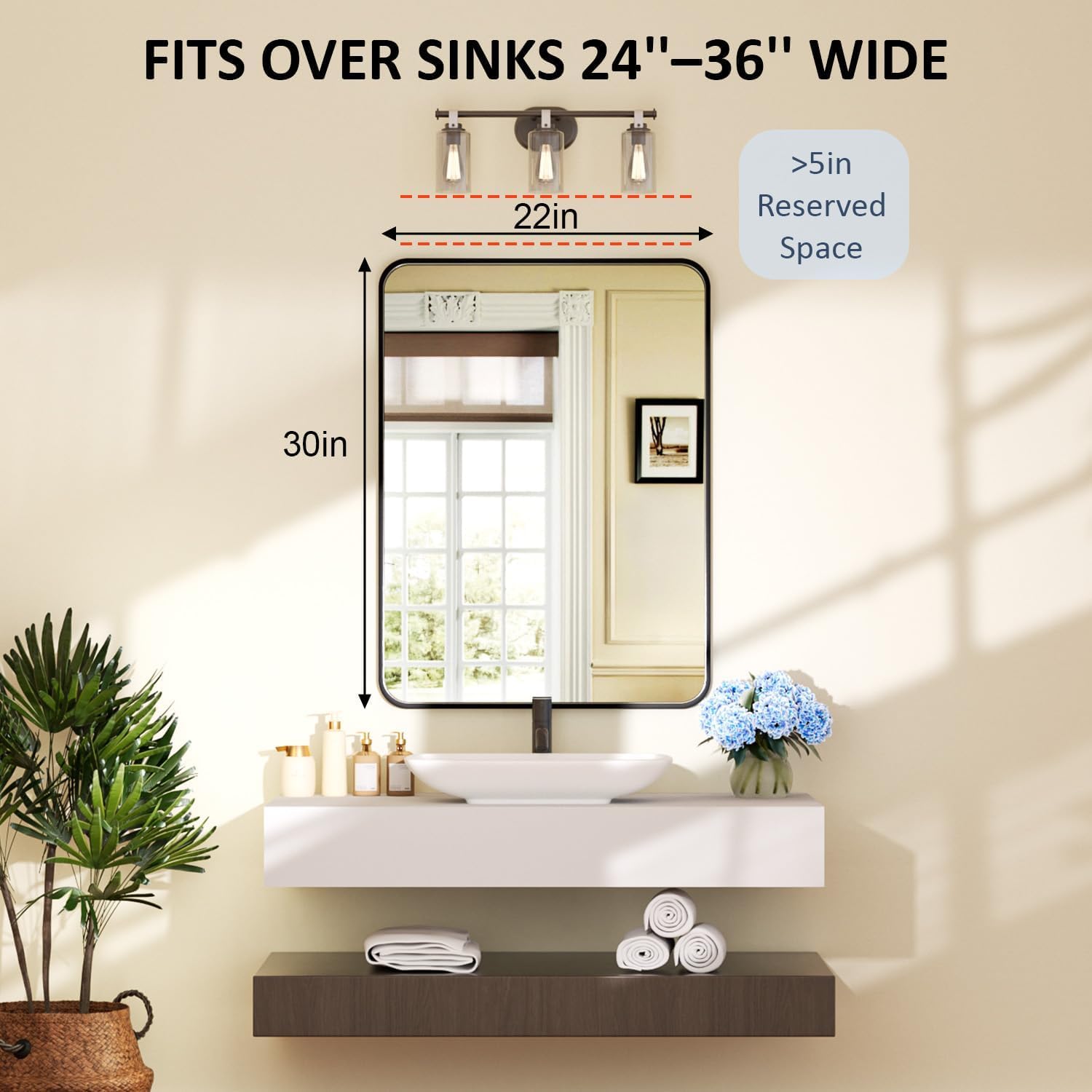 Venlus raised-frame mirror depth enhances visual presence in any bathroom or vanity.
