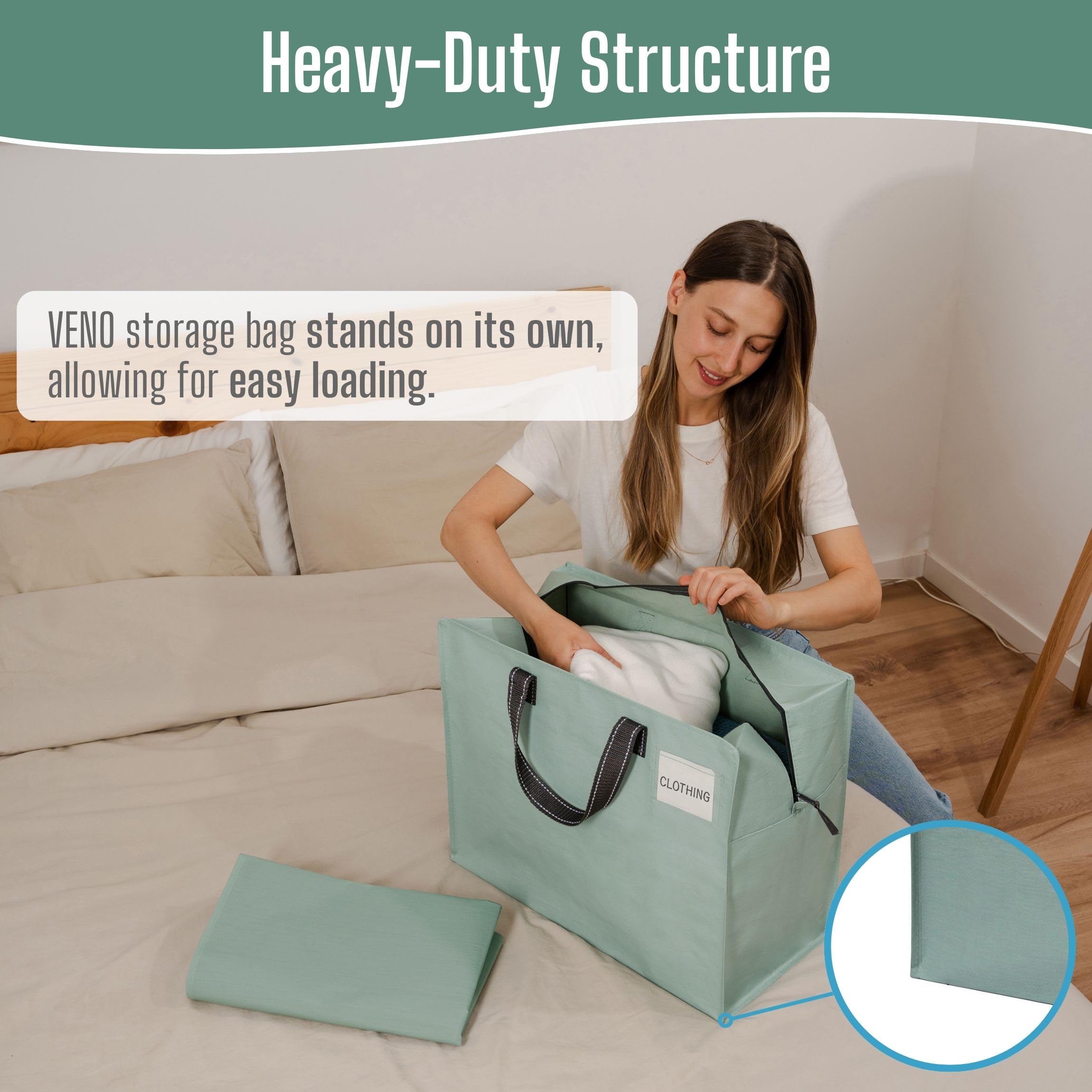 VENO storage bags stacked neatly in a closet showing large capacity