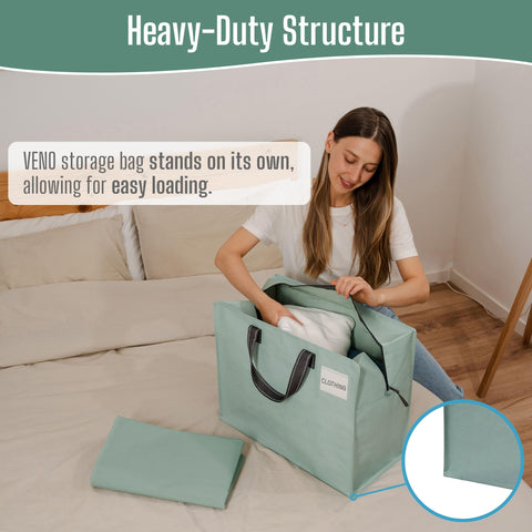 VENO storage bags stacked neatly in a closet showing large capacity