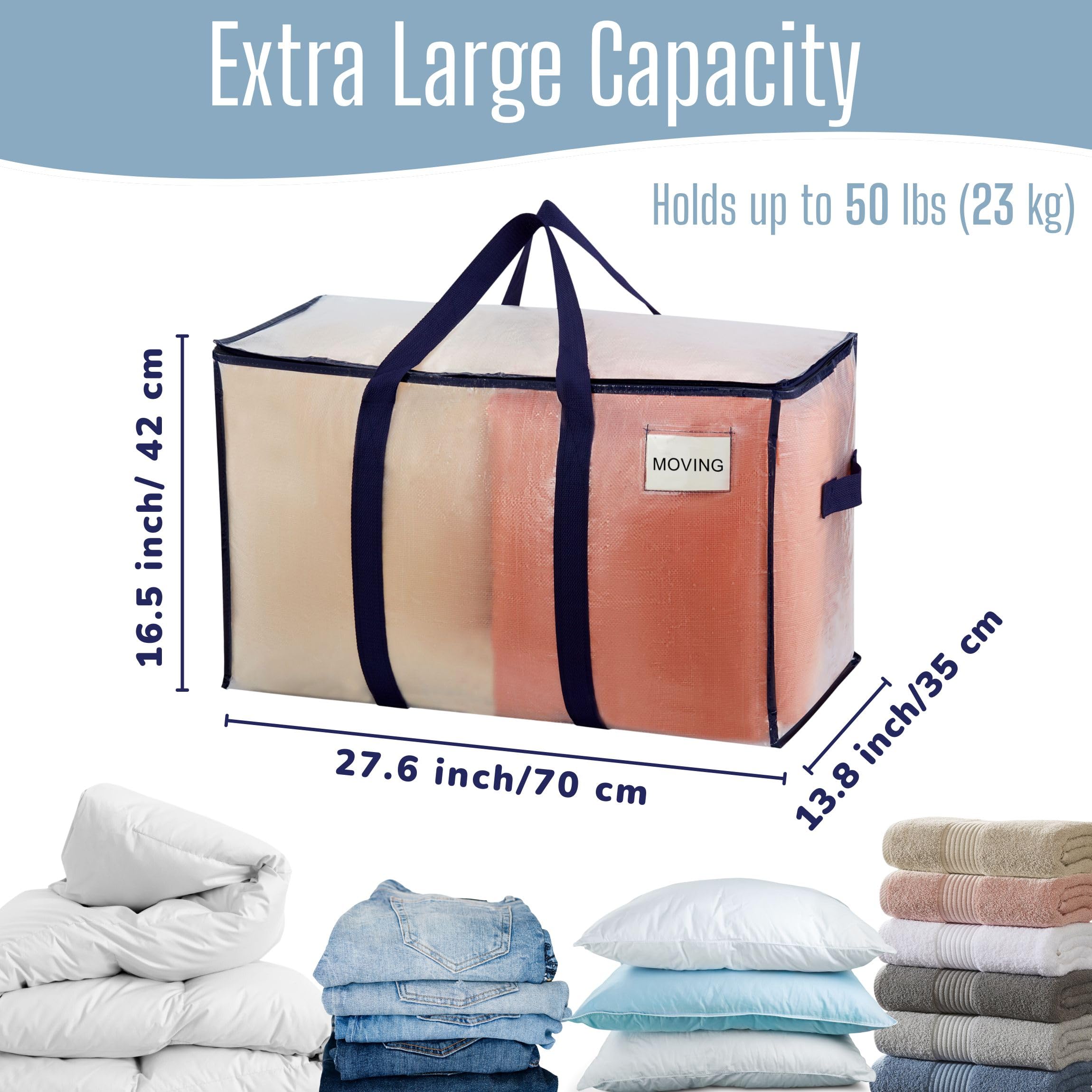 Large capacity bag holding bedding and bulky items for storage