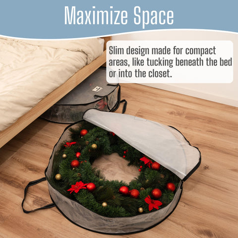 VENO clear wreath organizer ideal for storing lights and ornaments.