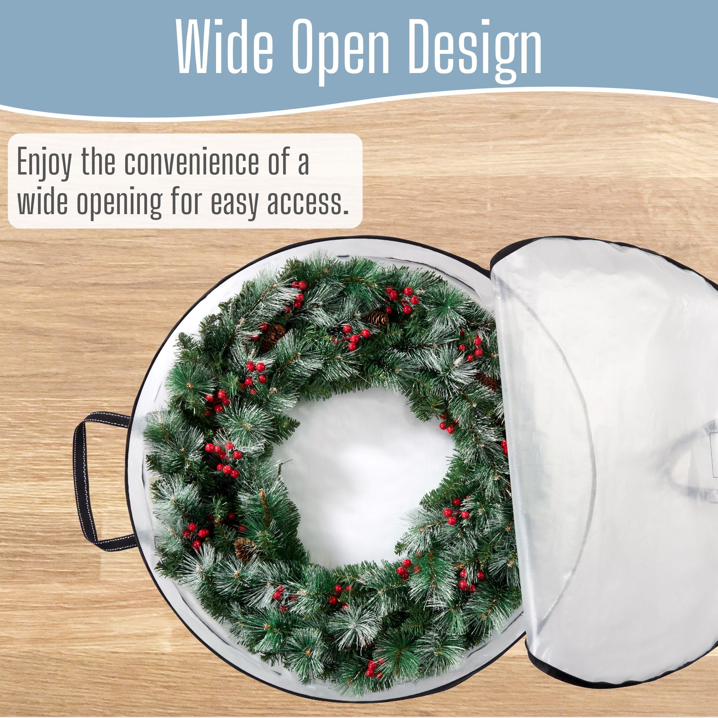 VENO wall-hanging wreath bag with reinforced handles saves floor space.