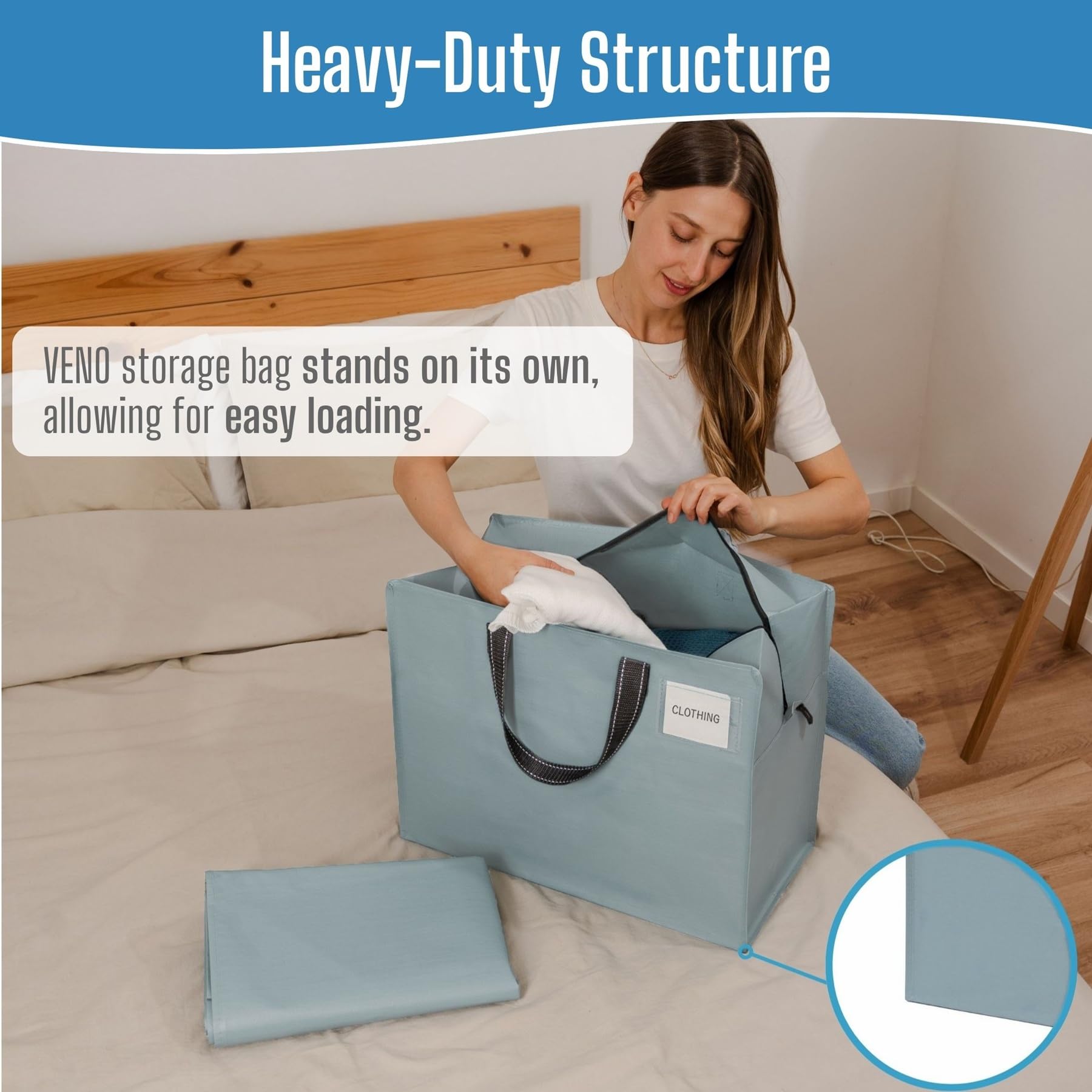 VENO water-resistant polypropylene storage bags protect clothes from moisture.