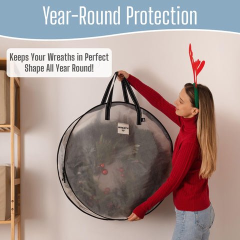 VENO 36 inch round wreath storage bag for larger decor pieces.