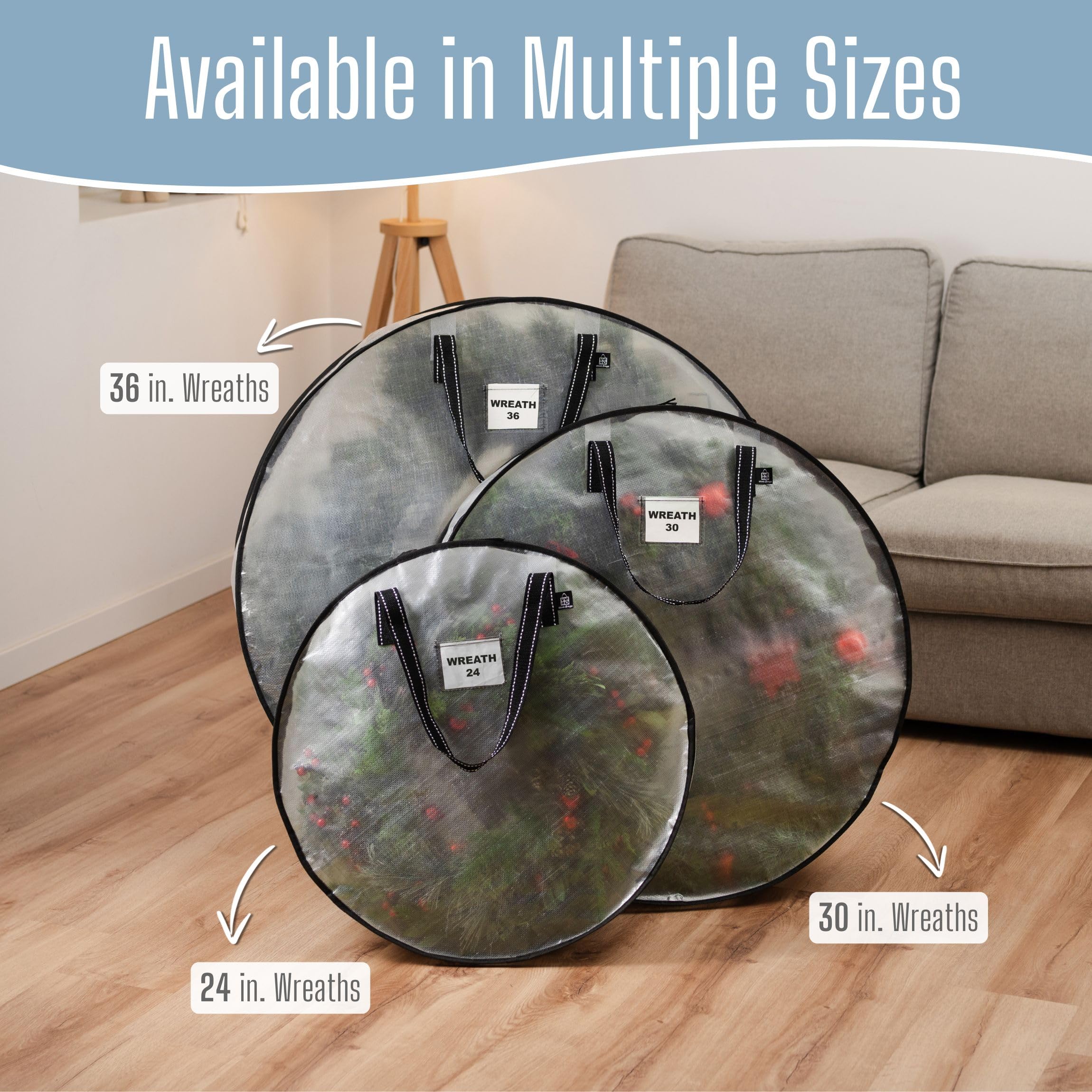 VENO 4-pack wreath storage set for versatile seasonal organizing.