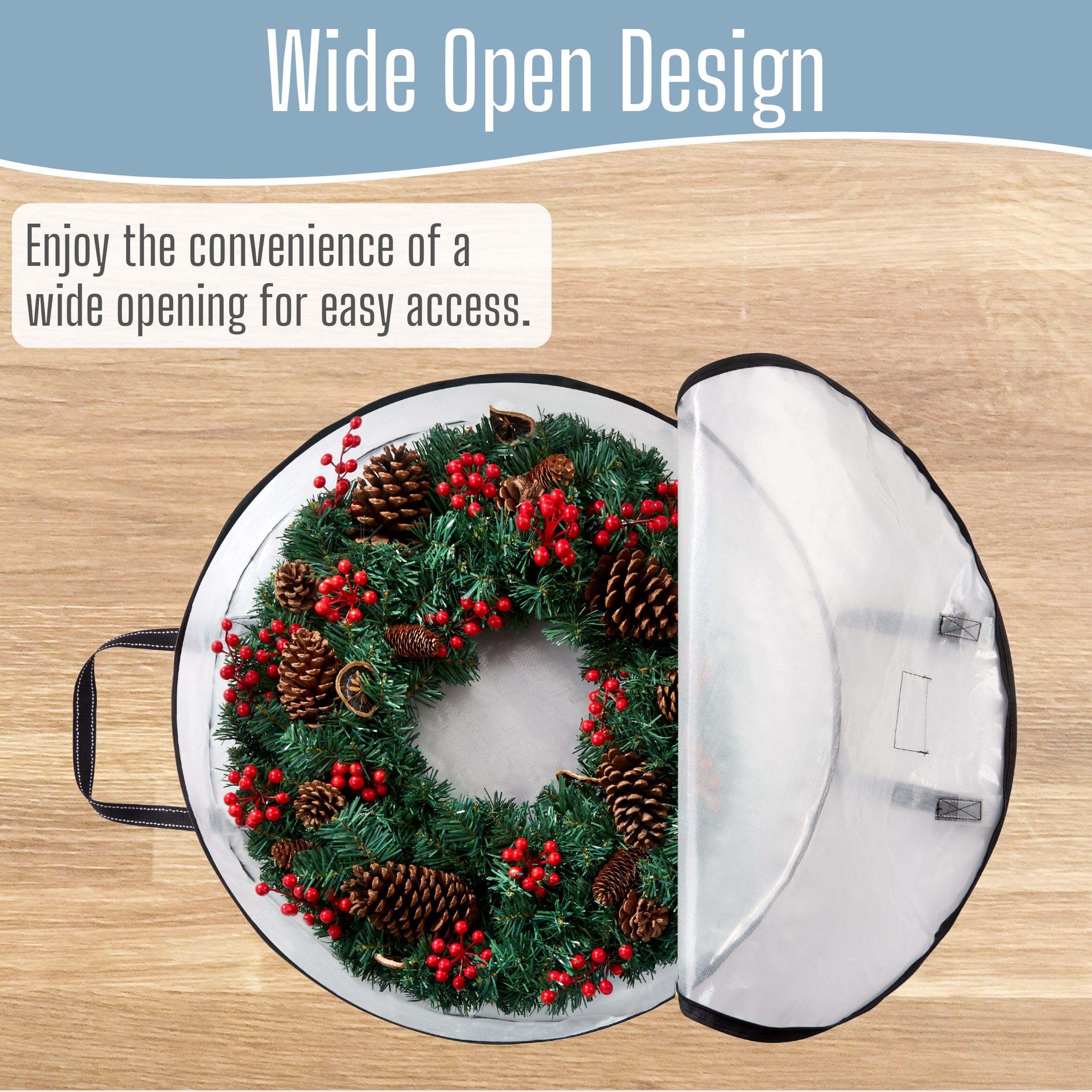 VENO wreath storage with wall-hanging handles saving floor space.
