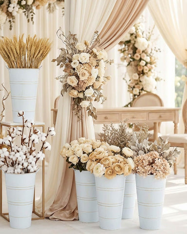 Vensovo dining table and mantel vase display, adds farmhouse charm.