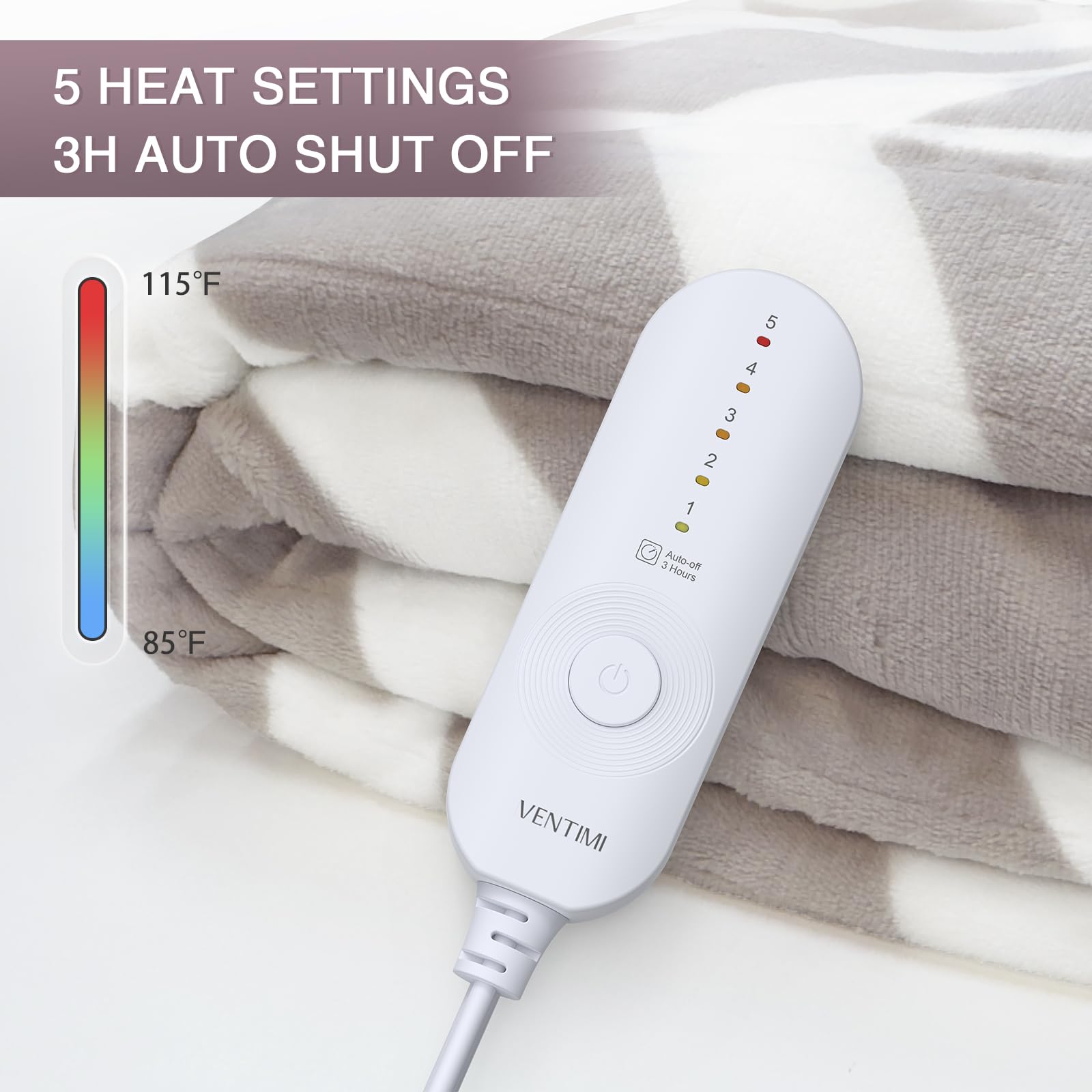 Ventimi heated blanket quickly reaches 115°F for instant comfort.