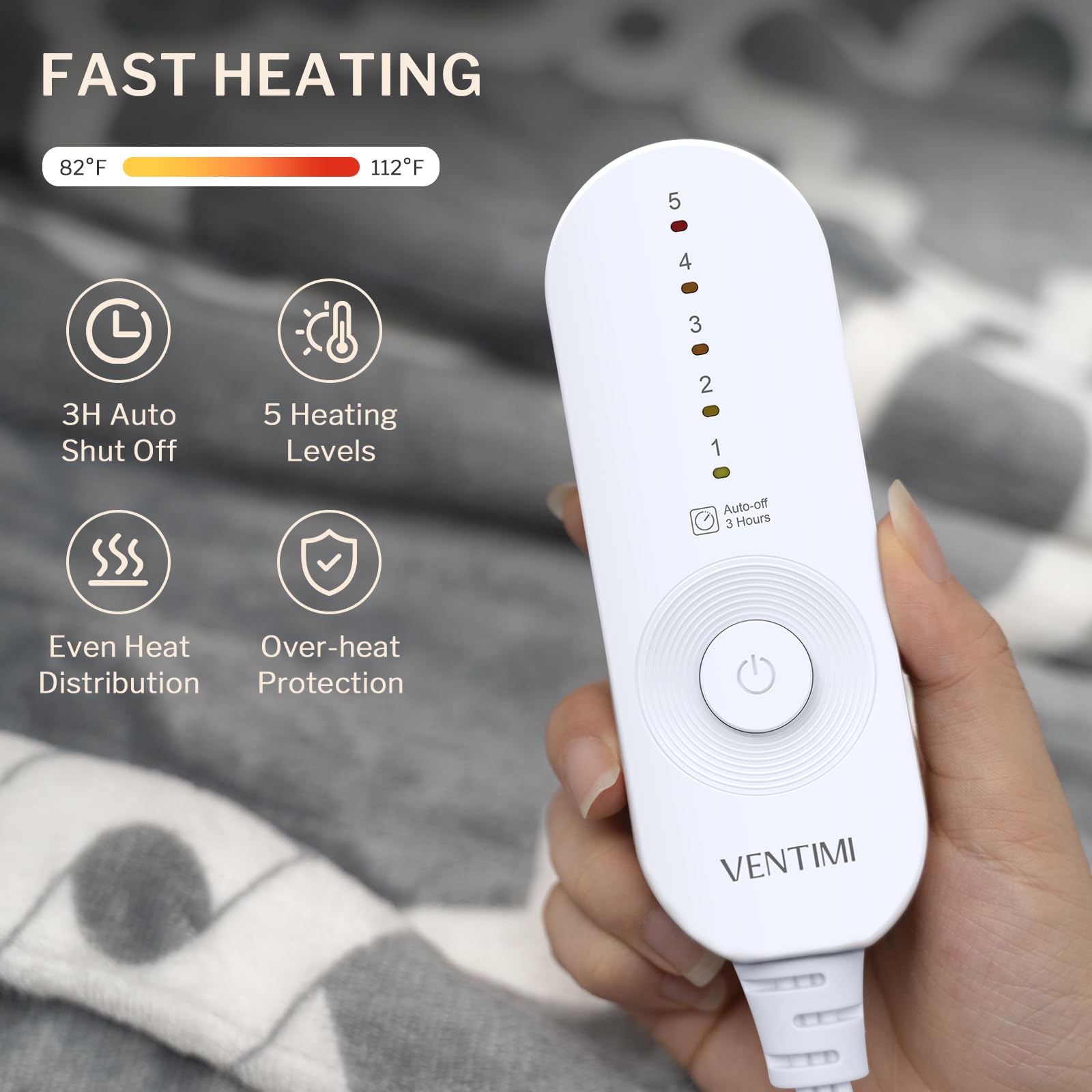 VENTIMI blanket controller close-up showing five heat levels for customizable comfort