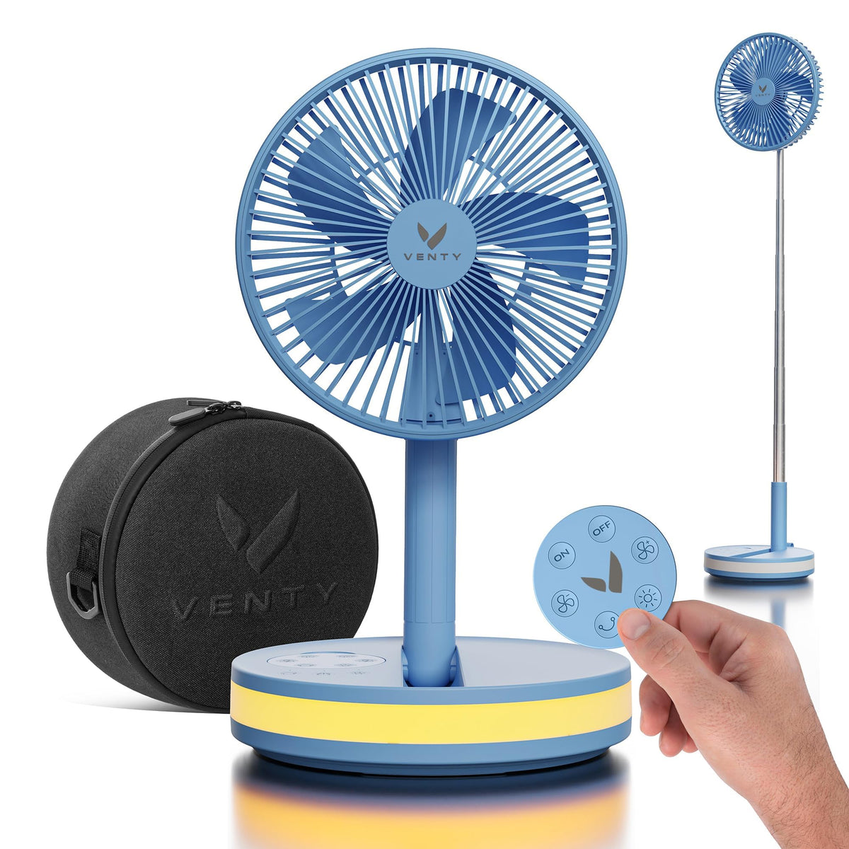 VENTY portable fan folded with blue case for compact travel cooling.