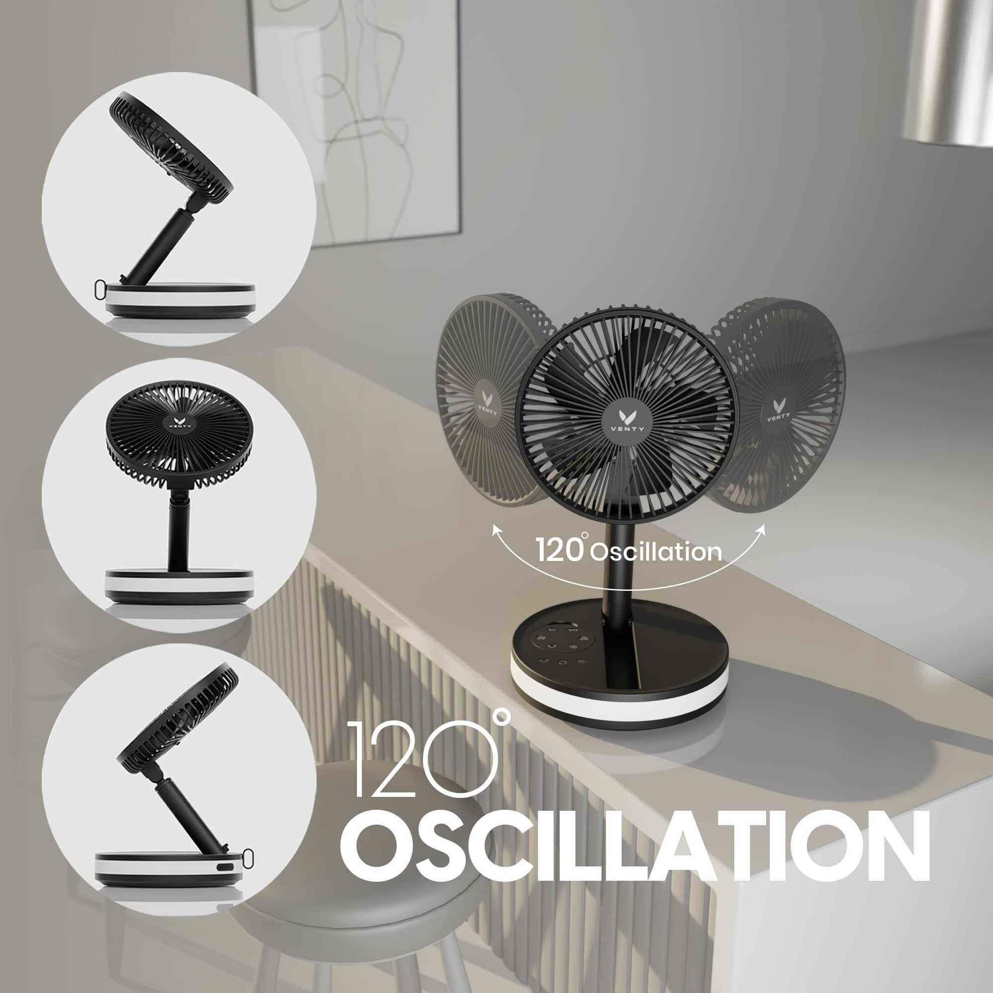 Venty LED lighting with three levels creates ambient room mood.
