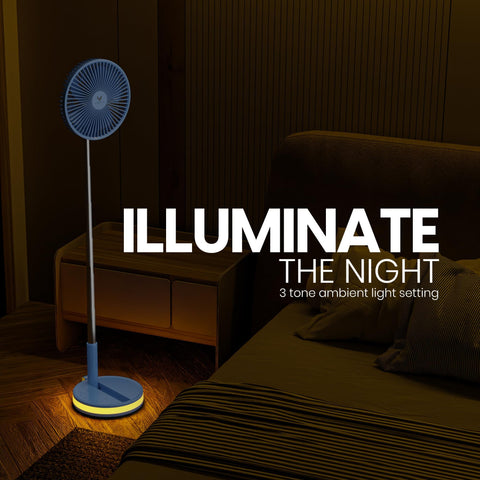 VENTY portable fan with LED lighting creates ambient room glow.