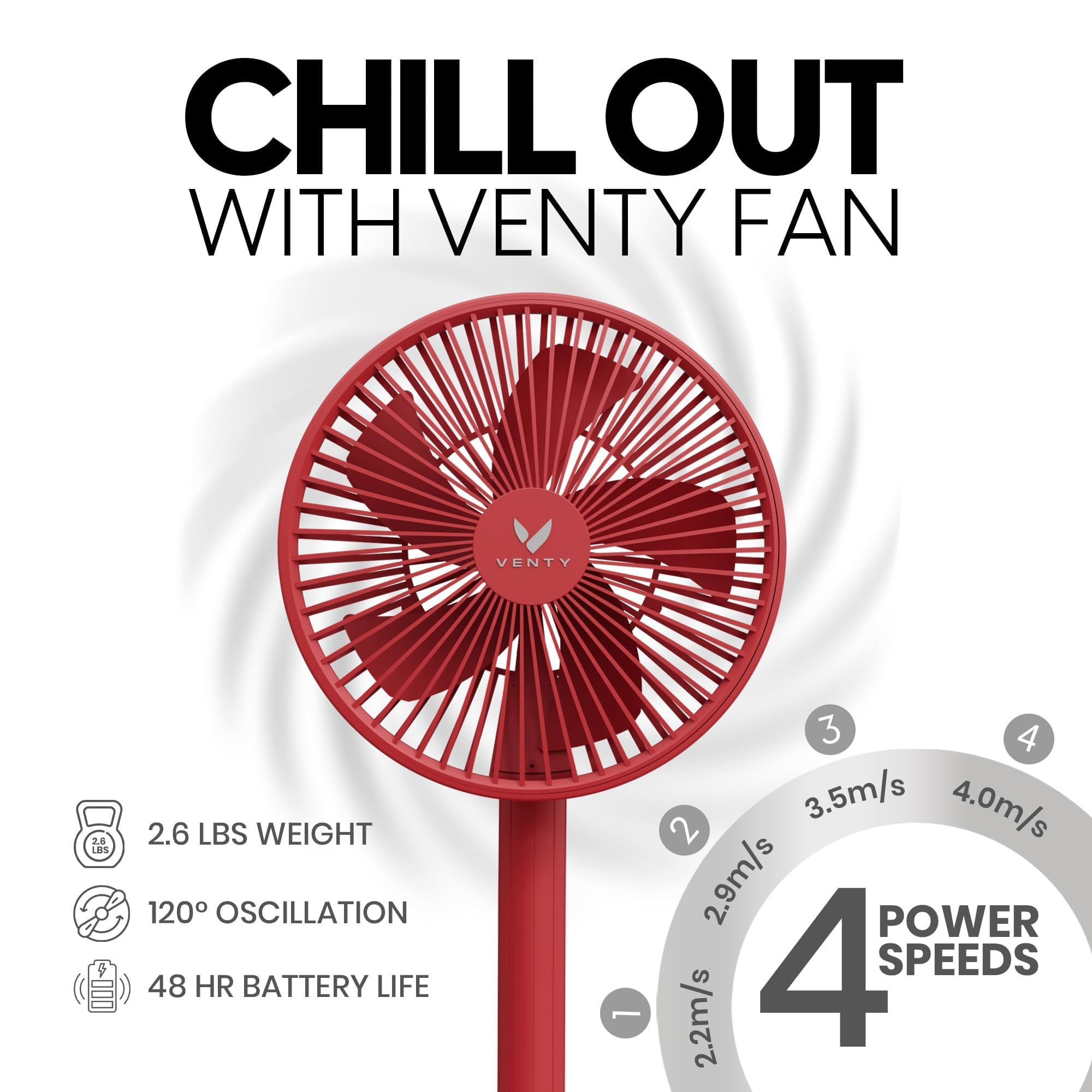 VENTY fan oscillates 120 degrees for wide coverage.
