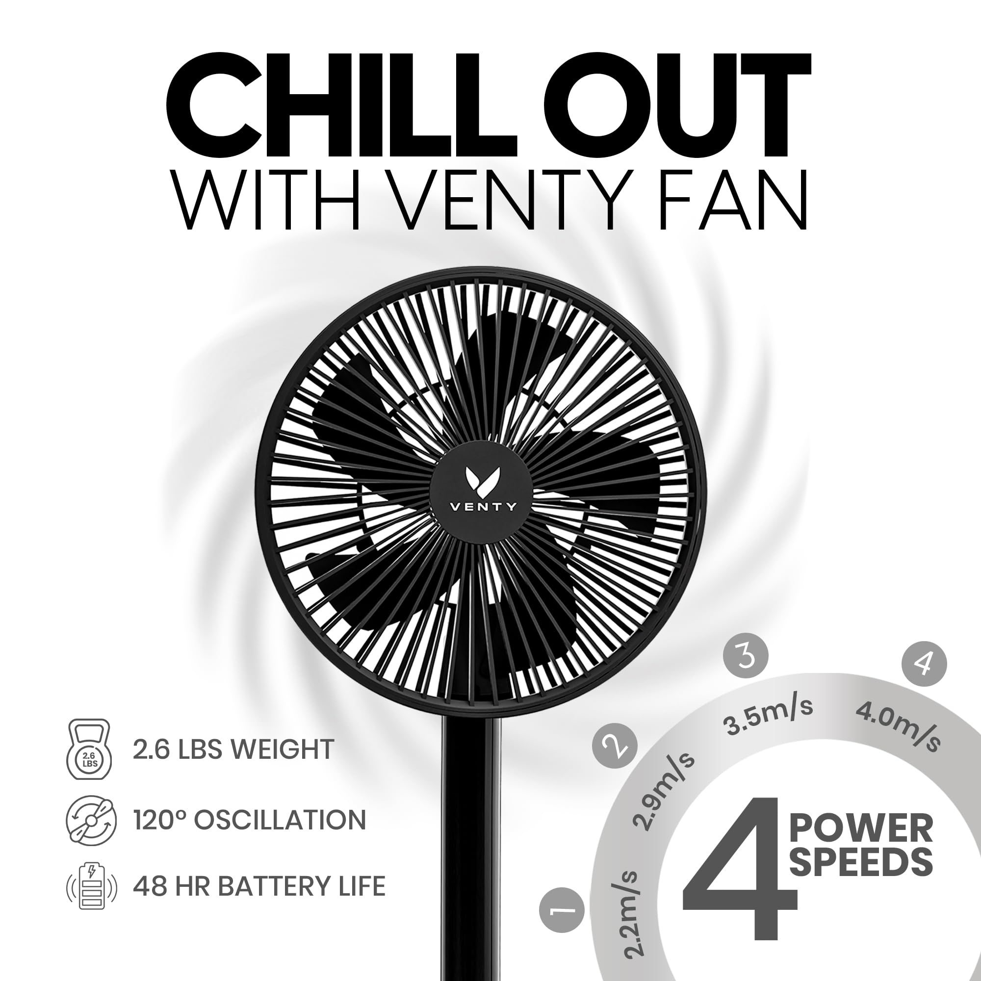 Venty portable fan oscillation at 120 degrees for wide airflow.