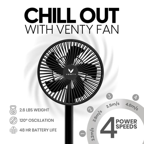 Venty portable fan oscillation at 120 degrees for wide airflow.