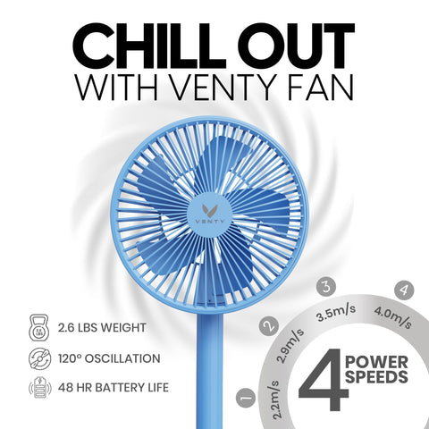 VENTY portable fan wireless usage on the go provides cord-free relief.