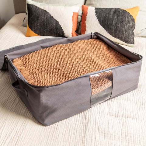 VeraMia canvas storage bag features a viewing window to identify contents at a glance.