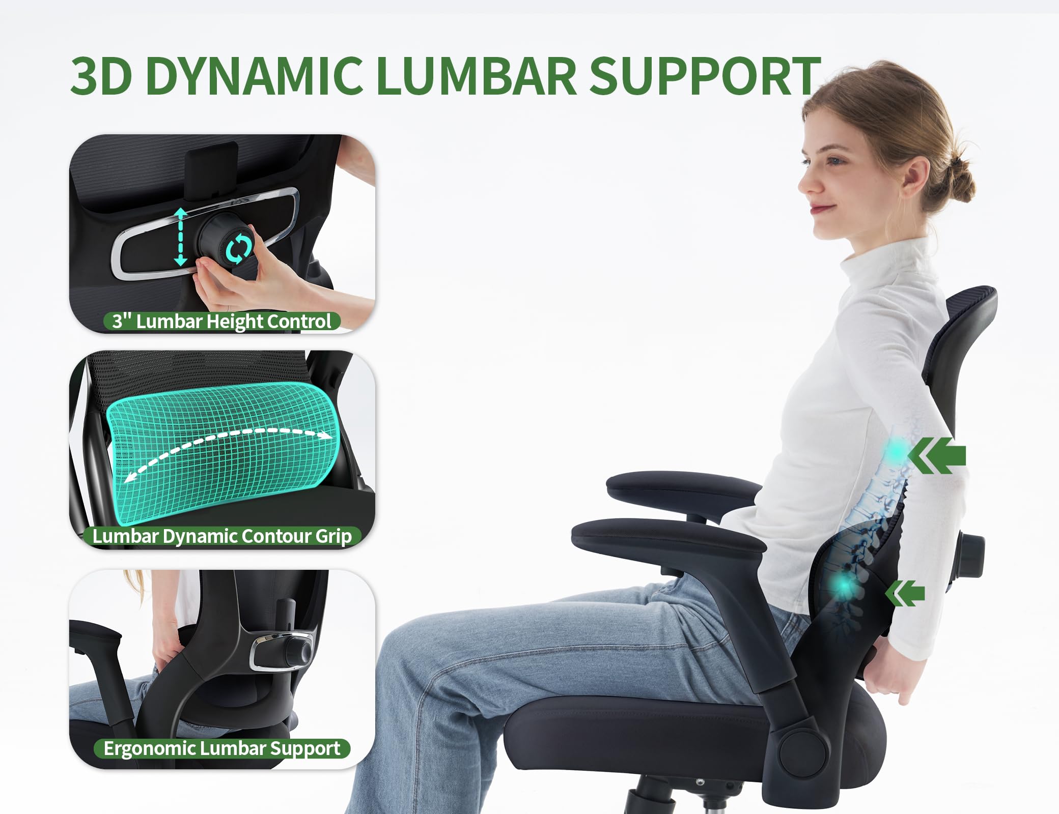 Veratric chair highlighting 2D adjustable armrests for customized height and angle.