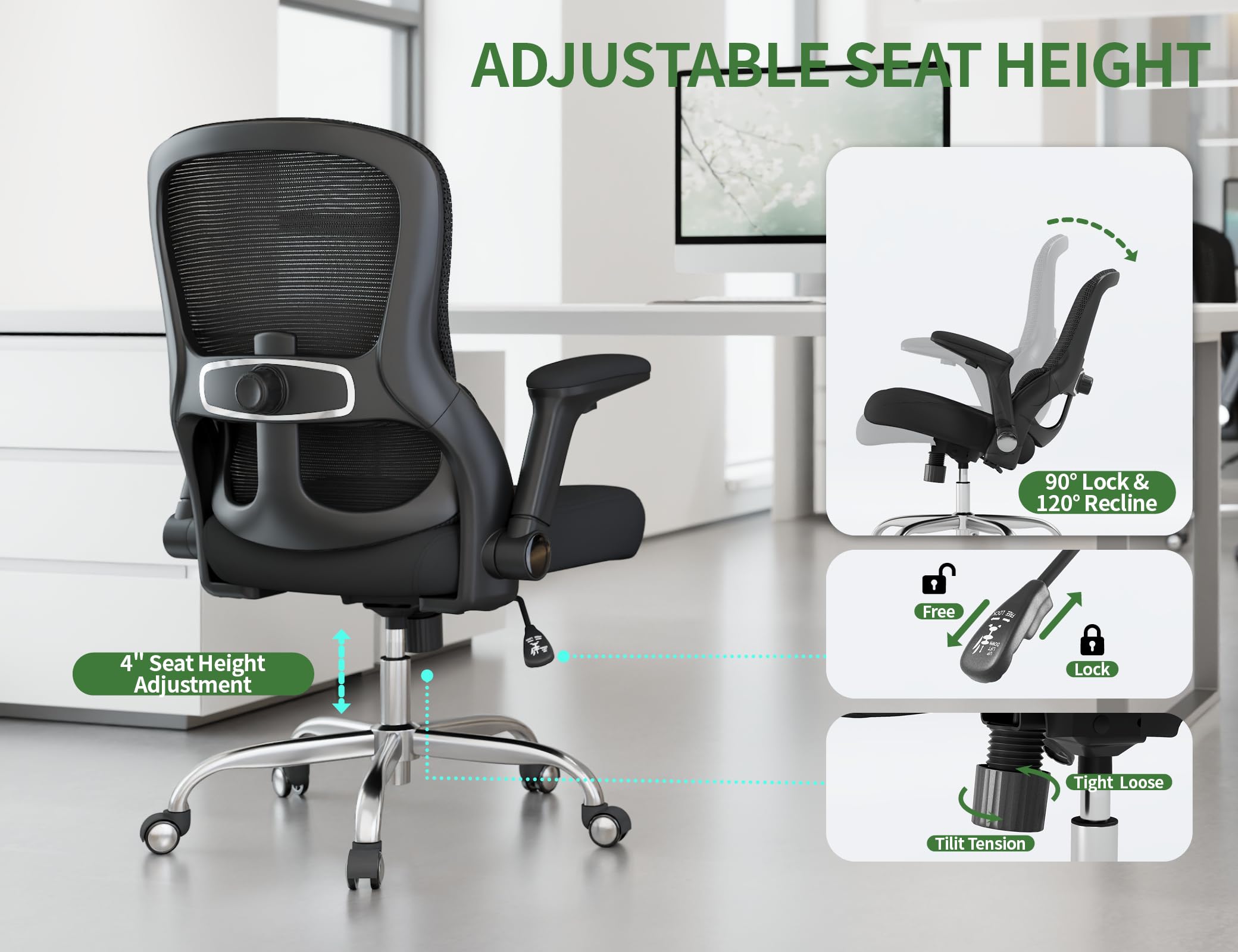 Veratric office chair in rocking mode with 90-120 degree range and lock feature.