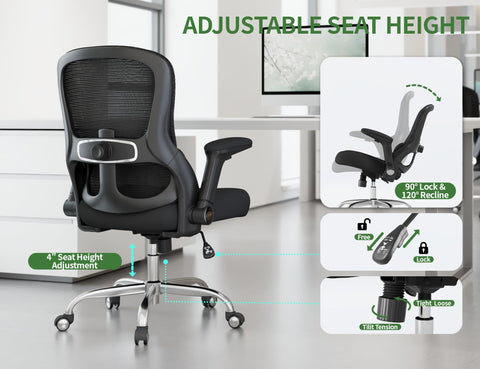 Veratric office chair in rocking mode with 90-120 degree range and lock feature.