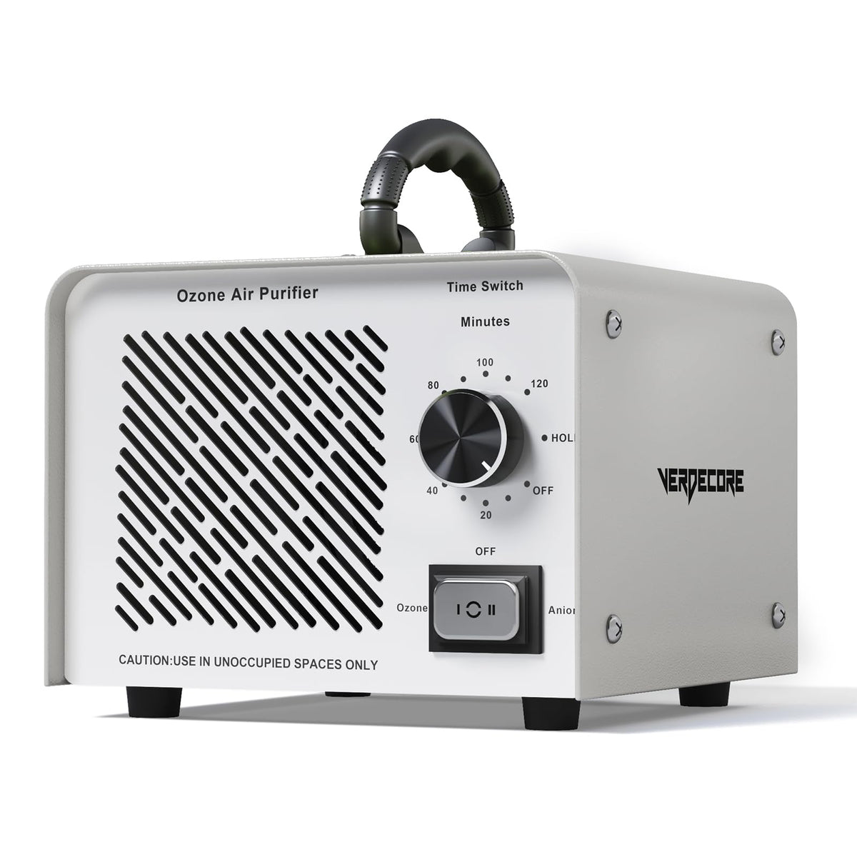 VERDECORE ozone generator front view highlighting compact metal build for strong air purification.