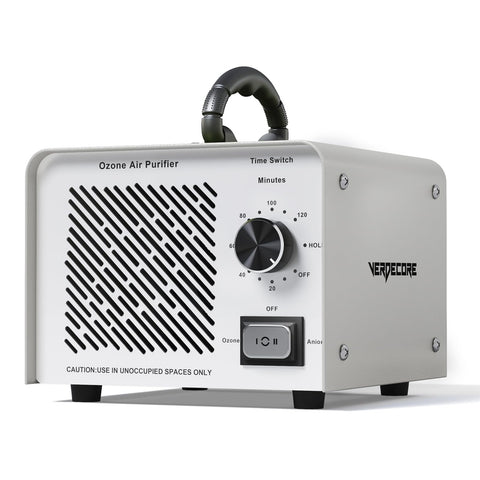 VERDECORE ozone generator front view highlighting compact metal build for strong air purification.