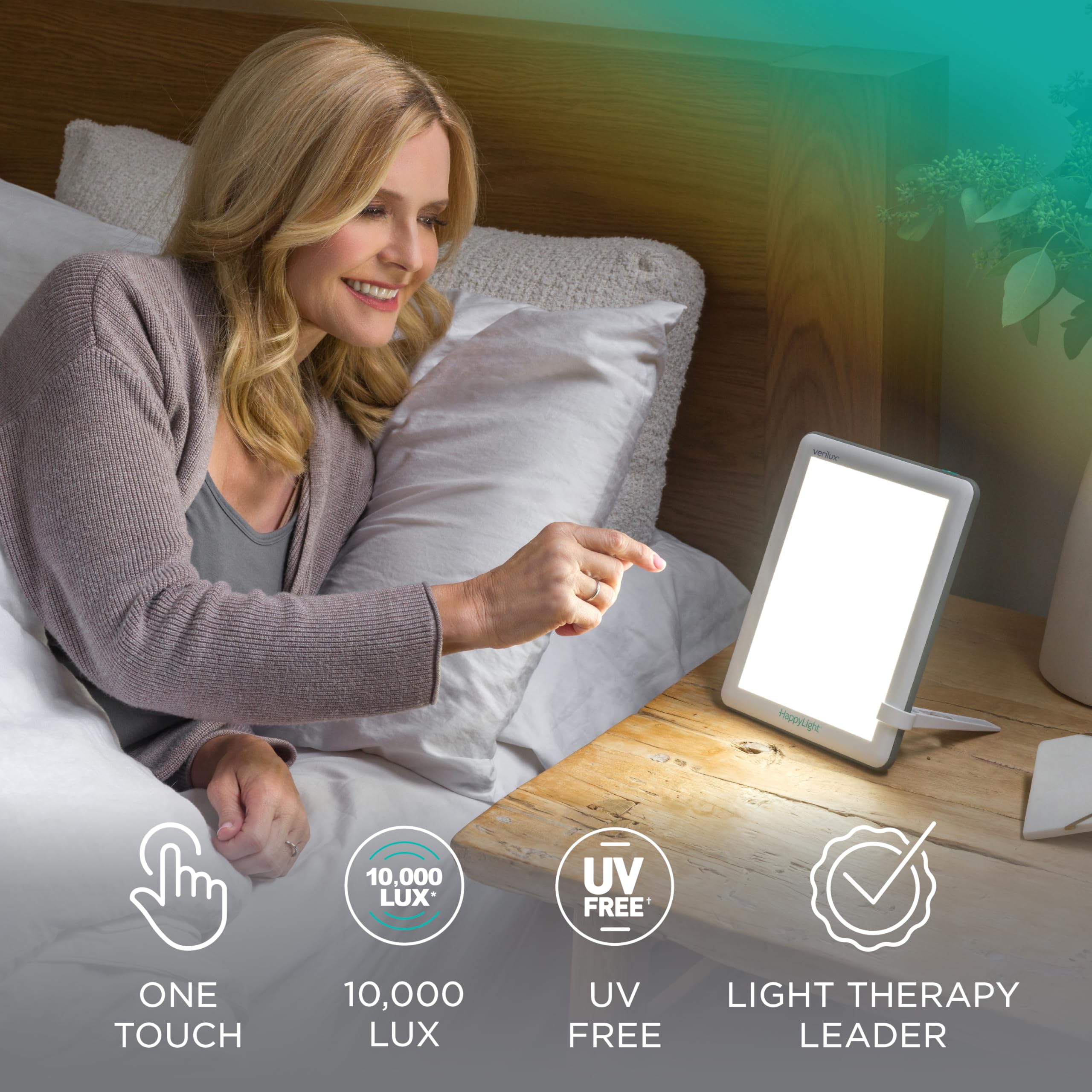 Verilux HappyLight Lucent 10,000 lux output illuminates workspace without glare.