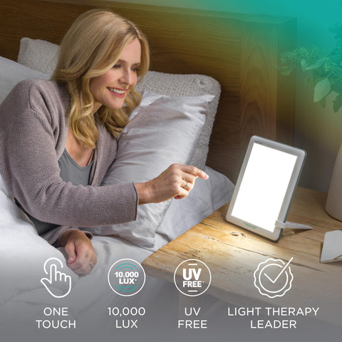 Verilux HappyLight Lucent 10,000 lux output illuminates workspace without glare.