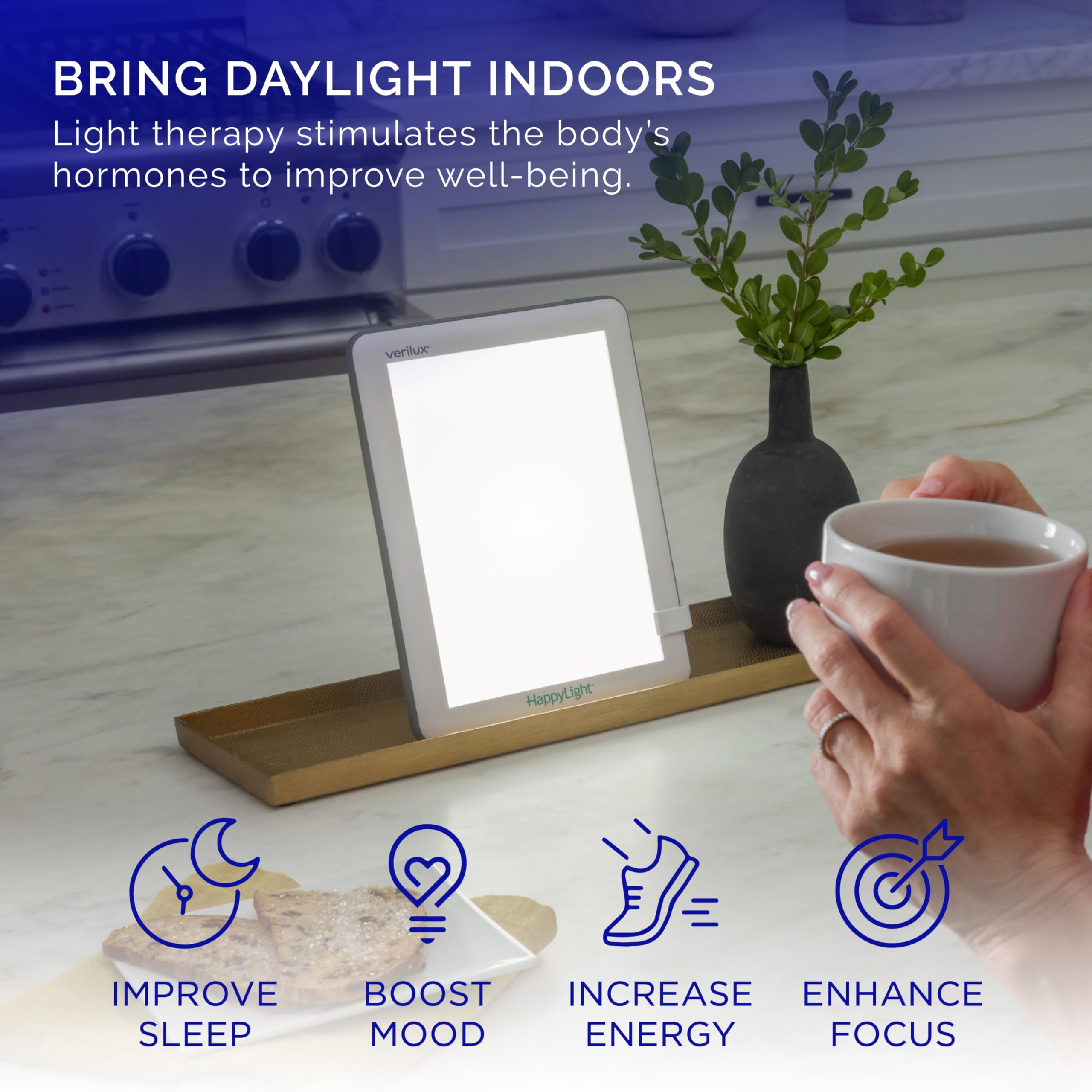 Verilux HappyLight Lucent detachable stand enables vertical or horizontal positioning.