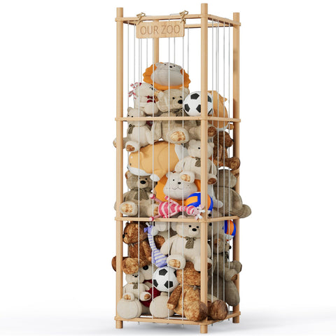 VERONLY stuffed animal storage organizer in natural wood helps keep plush toys organized.
