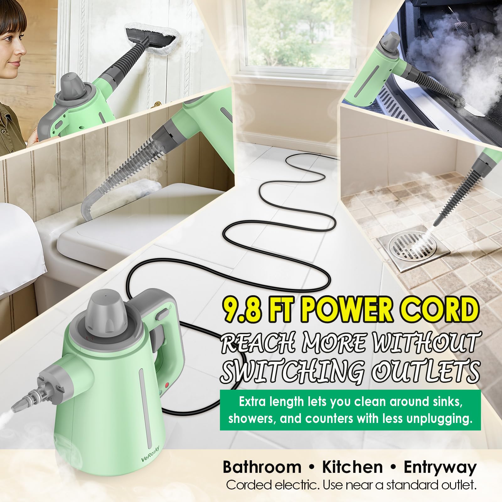 VeRosky steam cleaner includes ten attachments for versatile cleaning